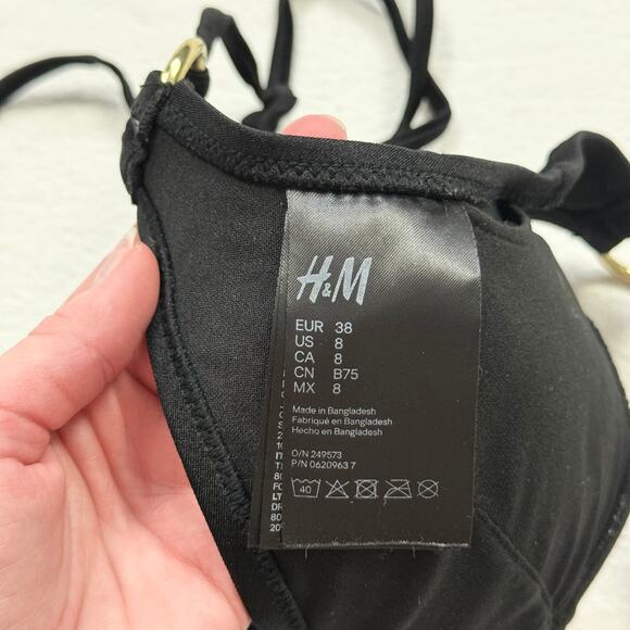 H&M Black Triangle Bikini Top With Gold Rings, Size 8 - Picture 4 of 5